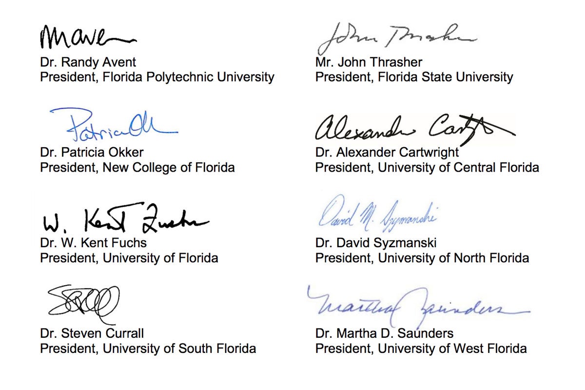 signatures along with names and titles of Florida BOG chair and several Florida university presidents