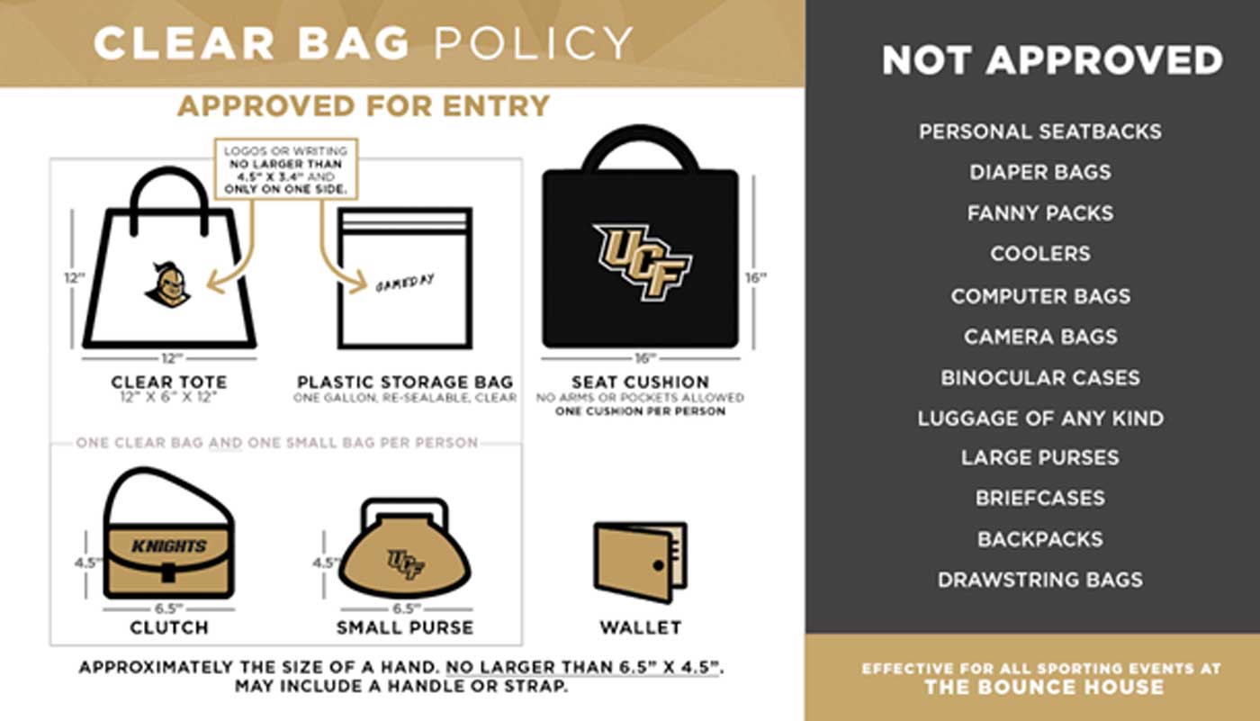 Graphic outlining approved bags and not approved bags for entry into the Bounce House
