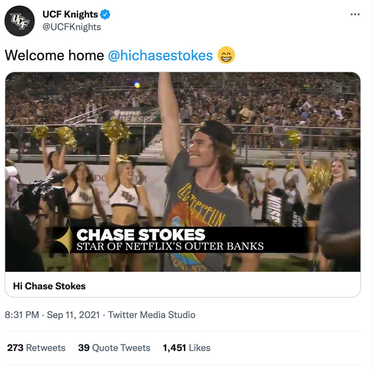 screen shot of Tweet with Chase Stokes at UCF football game
