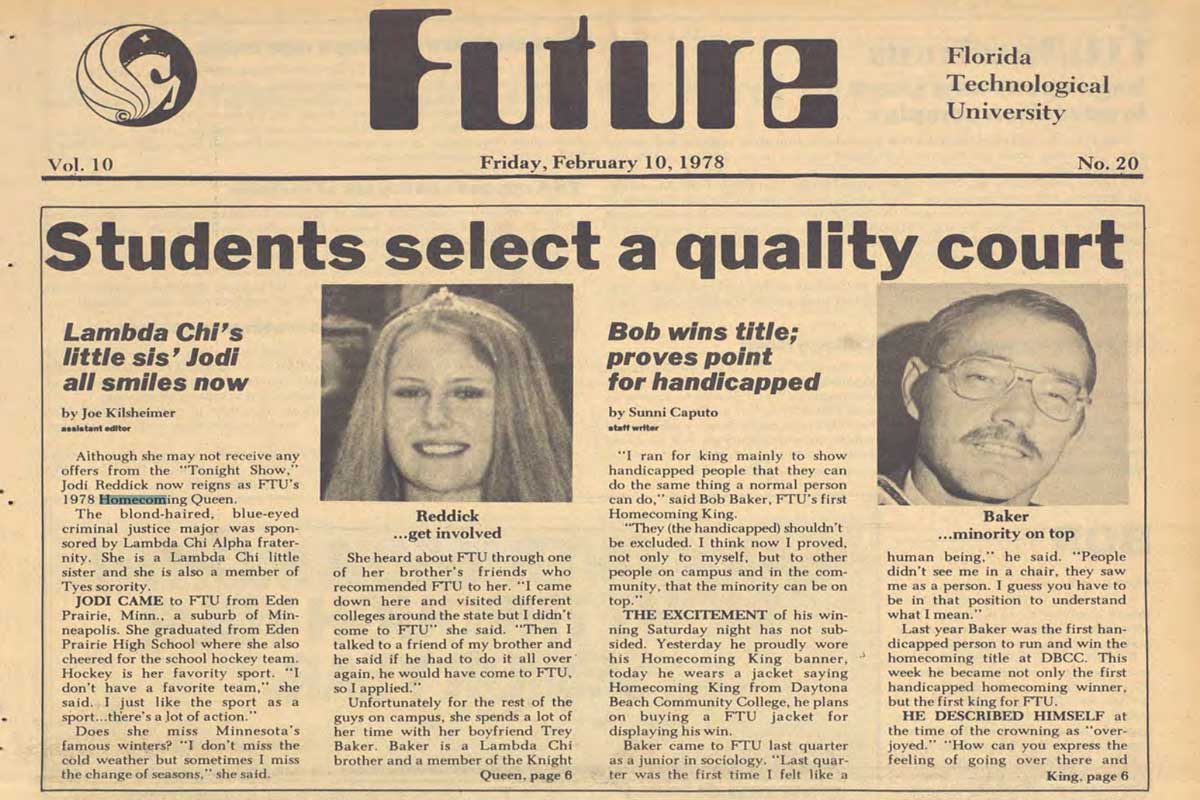 front page of 1978 Central Florida Future featuring news articles on Homecoming king and queen 