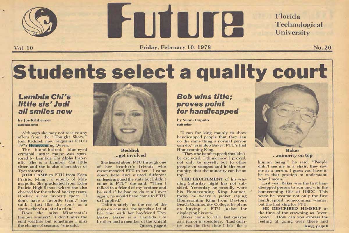 front page of 1978 Central Florida Future featuring news articles on Homecoming king and queen