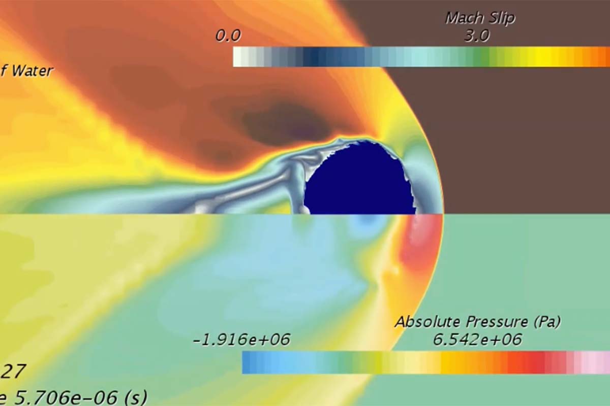Simulation of water droplet encountering a hypersonic shockwave