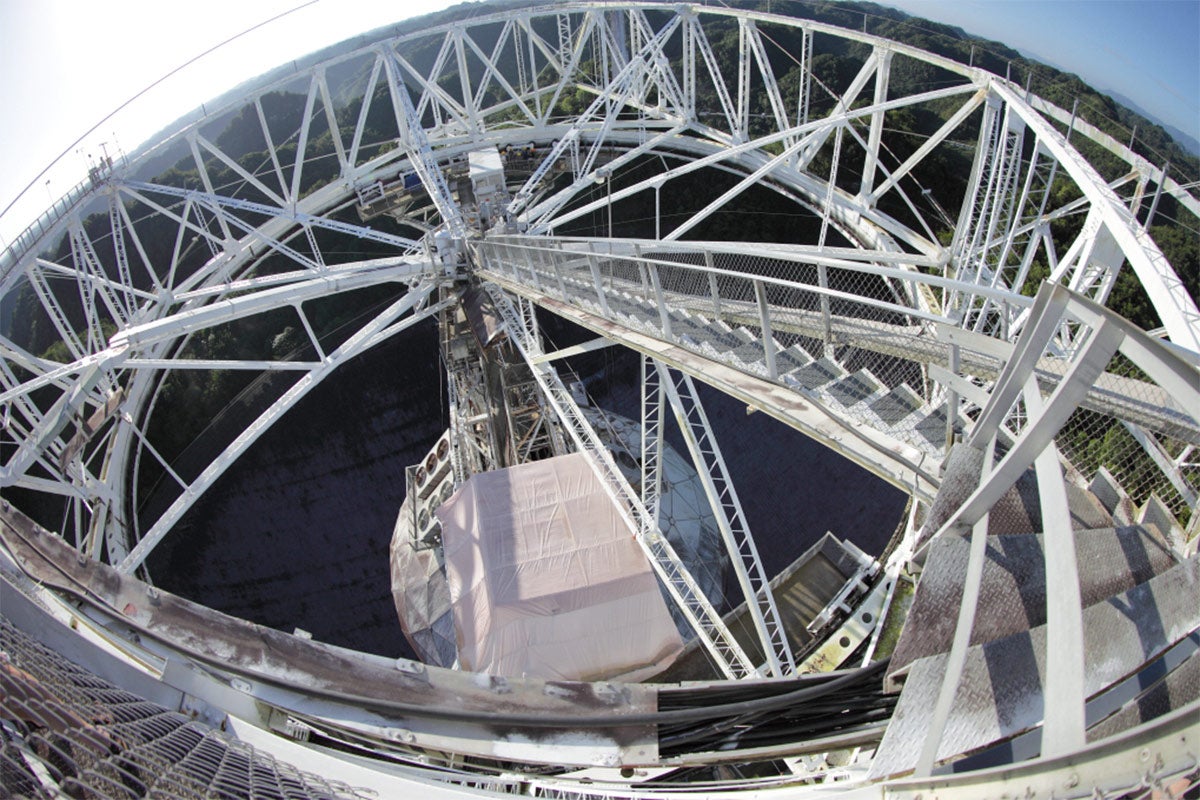 A fish-eye shot shows a giant telescope. A fish-eye shot shows a giant telescope.