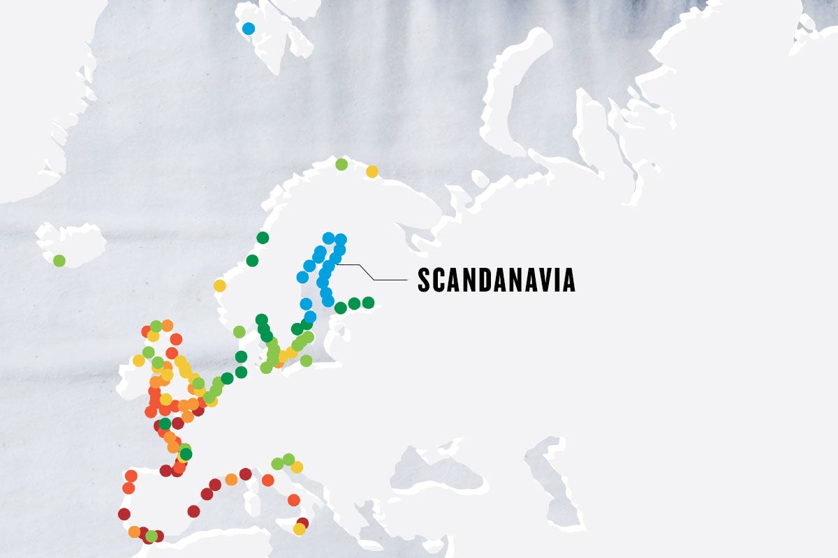 greyscale map with colorful dots marking important points, with the main point marked as SCANDANAVIA greyscale map with colorful dots marking important points, with the main point marked as SCANDANAVIA