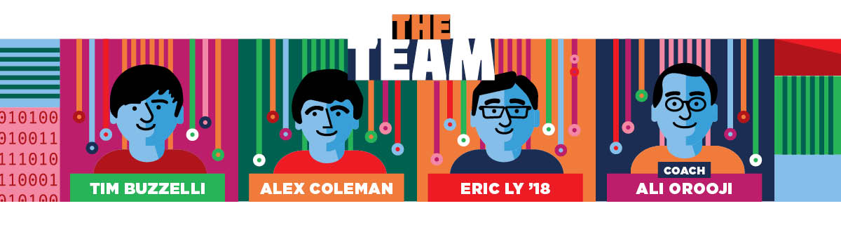 Image with the words 'The Team' and illustrated portraits of Tim Buzzelli, Alex Coleman, Eric Ly '18, and Ali Oroogi Image with the words 'The Team' and illustrated portraits of Tim Buzzelli, Alex Coleman, Eric Ly '18, and Ali Oroogi