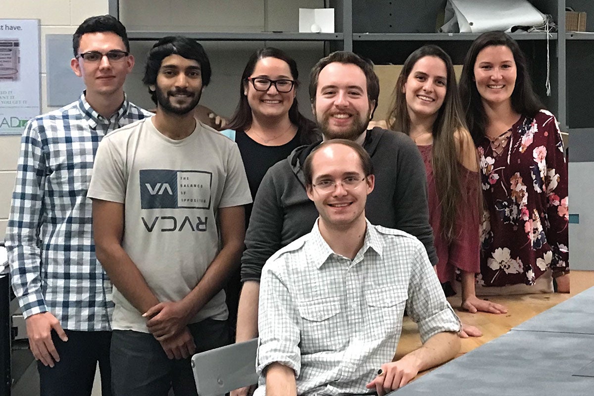 Students who worked to create “Gyration” included (from left to right): <strong>James Exum ’18</strong>, <strong>Ramin Ragbir ’18</strong>, <strong>Gabriella Mancini ’18,</strong> <strong>Joel Zorowitz ’20</strong>, <strong>Kealey Keepers ’18</strong>, <strong>Erin Dudley ’18 </strong>and (front) <strong>Joel Rouff</strong> <strong>’18</strong>. Students who worked to create “Gyration” included (from left to right): <strong>James Exum ’18</strong>, <strong>Ramin Ragbir ’18</strong>, <strong>Gabriella Mancini ’18,</strong> <strong>Joel Zorowitz ’20</strong>, <strong>Kealey Keepers ’18</strong>, <strong>Erin Dudley ’18 </strong>and (front) <strong>Joel Rouff</strong> <strong>’18</strong>.