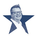 A portrait of Greg Welch within a star shape