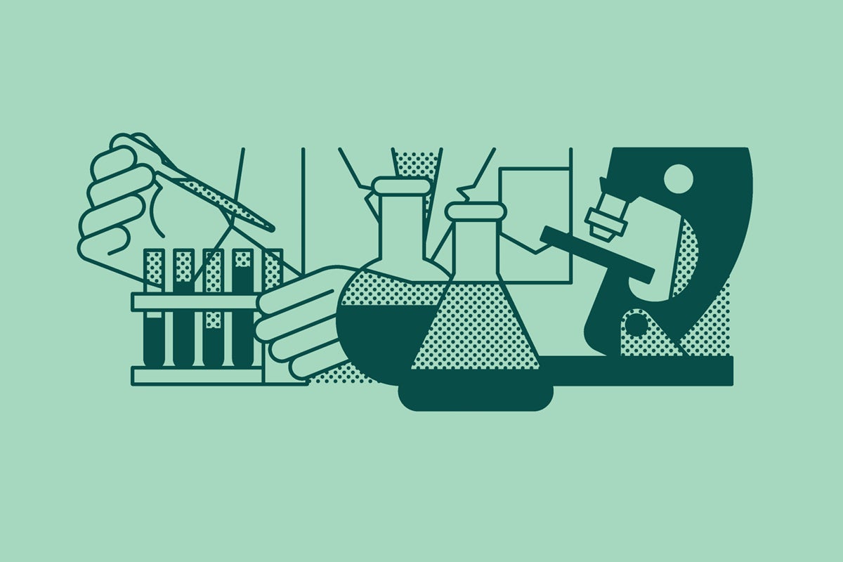 An illustration of a researchers with a pipette, test tubes, beakers and a microscope.