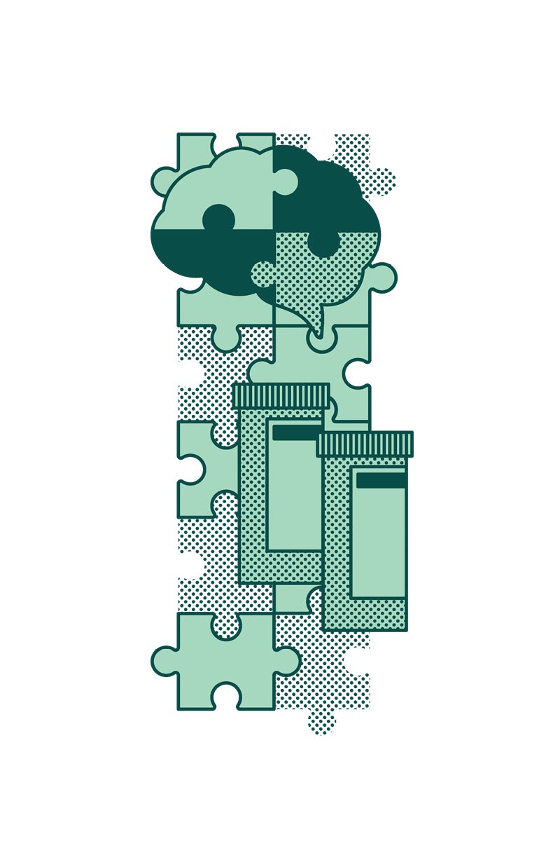 An illustration of a brain, puzzle pieces and prescription bottles. width=
