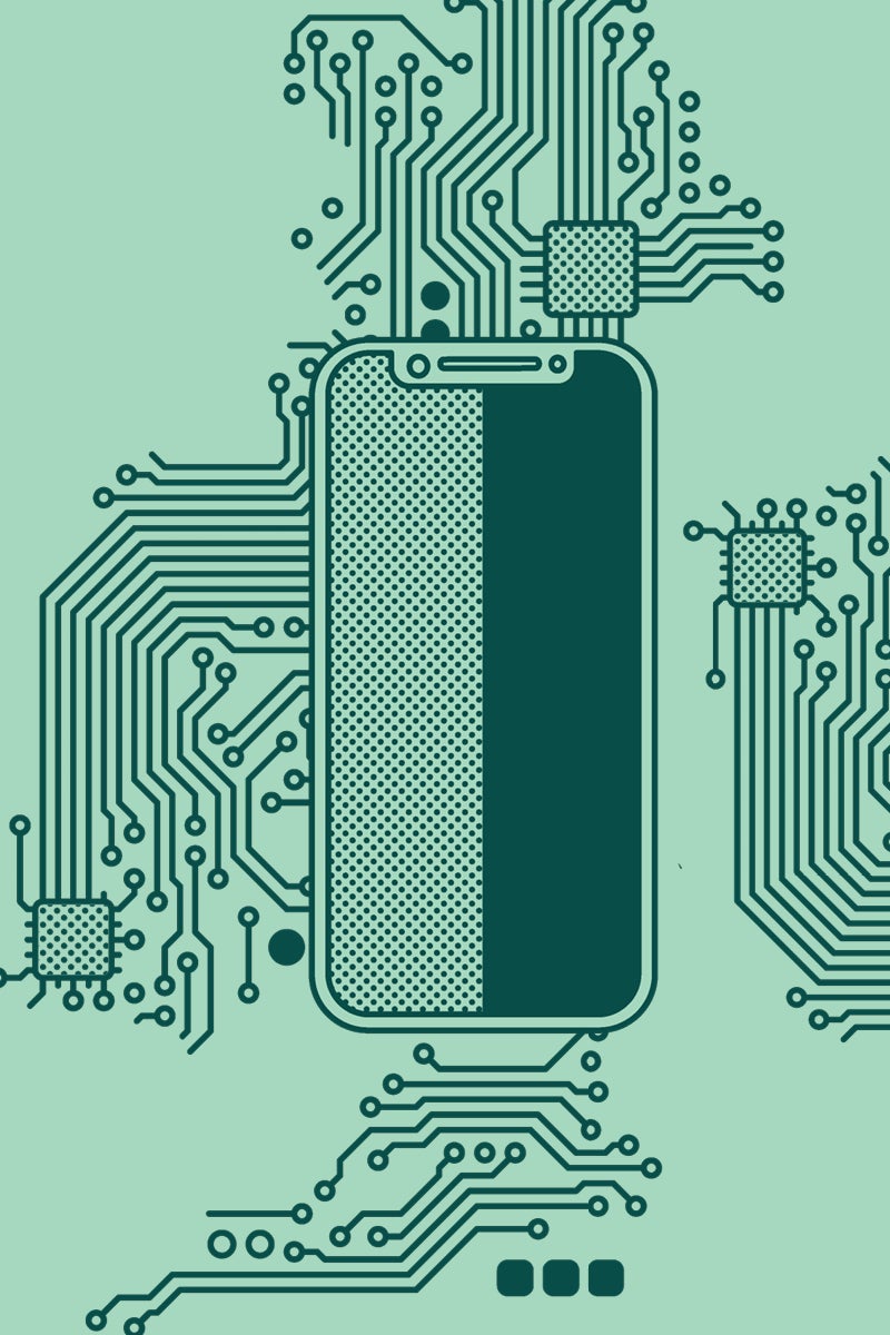 An illustration of circuits and laser technology. width=