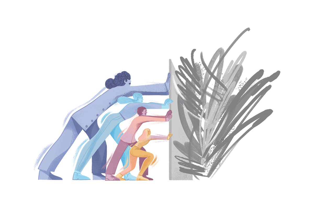 Illustration of 4 people pushing a wall