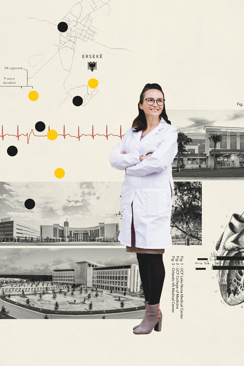 A collage of Elona Rrapo Kaso, the UCF Lake Nona College of Medicine, a heartbeat line, and black and yellow dots.