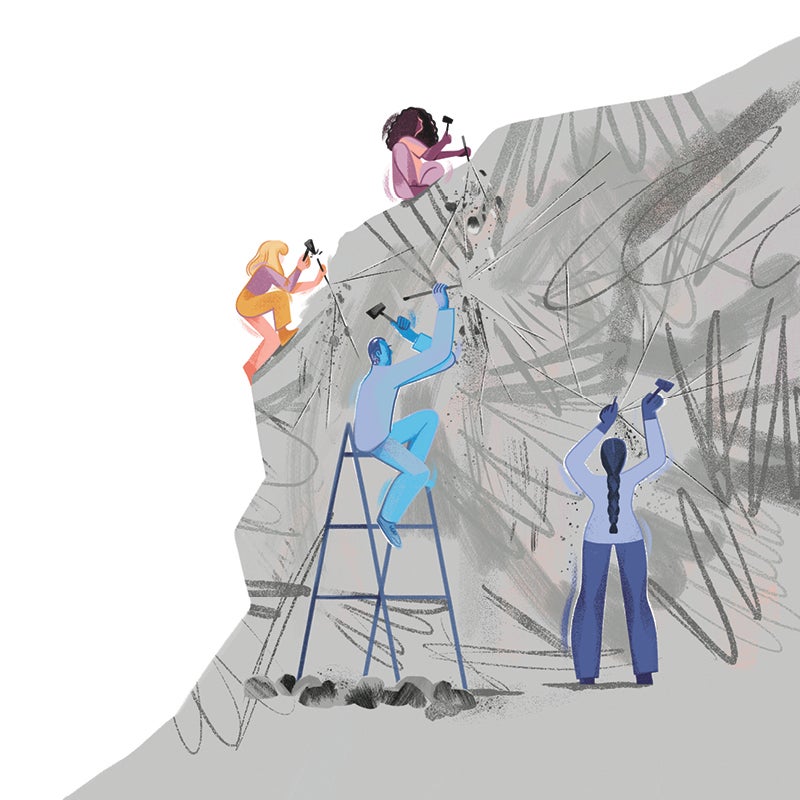 Illustration of 4 people working on breaking down a big boulder