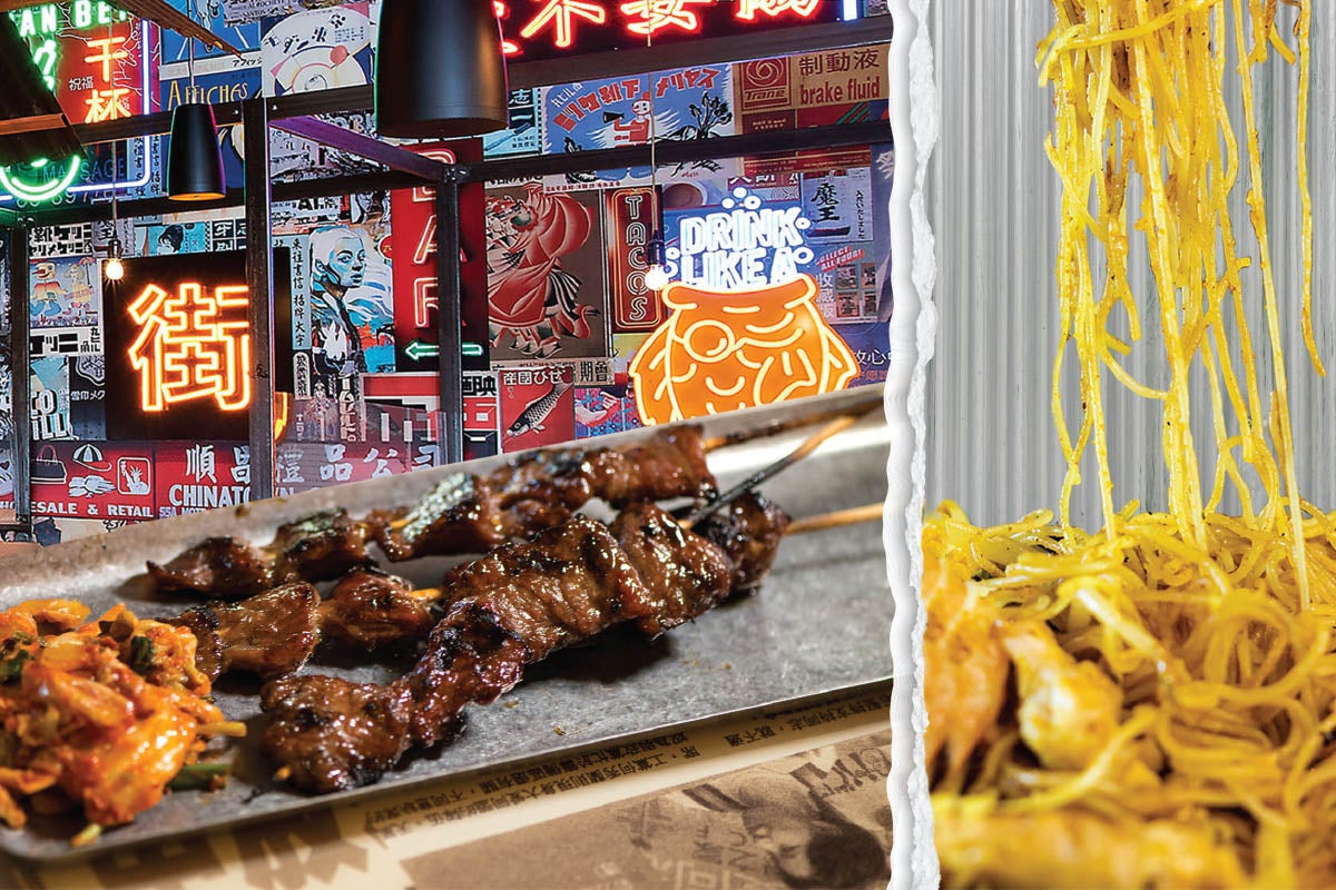 A collage of kebabs, noodles, neon signs and posters