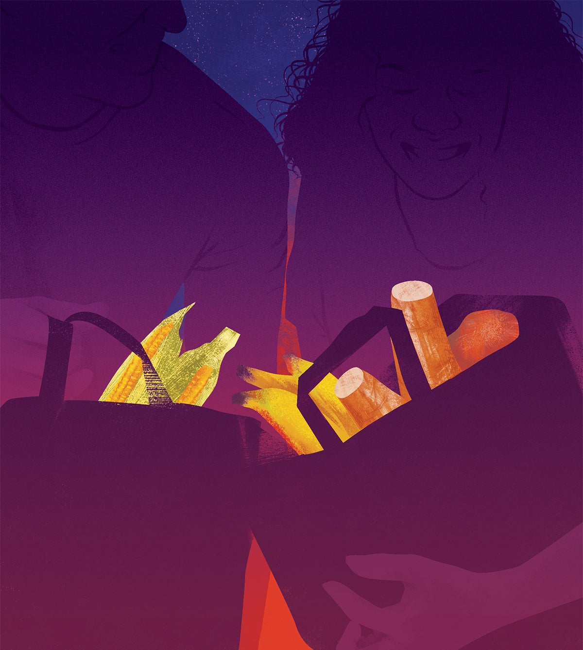 An illustration of two people holding grocery bags with corn, bananas, yams and yuca.