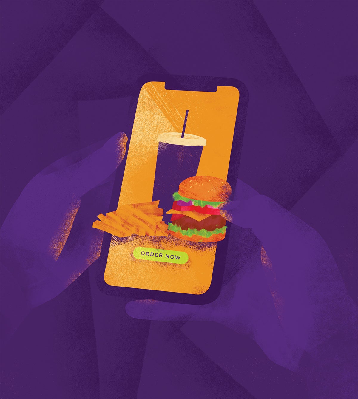 An illustration of a person holding a phone that shows a burger, fries, drink and an 