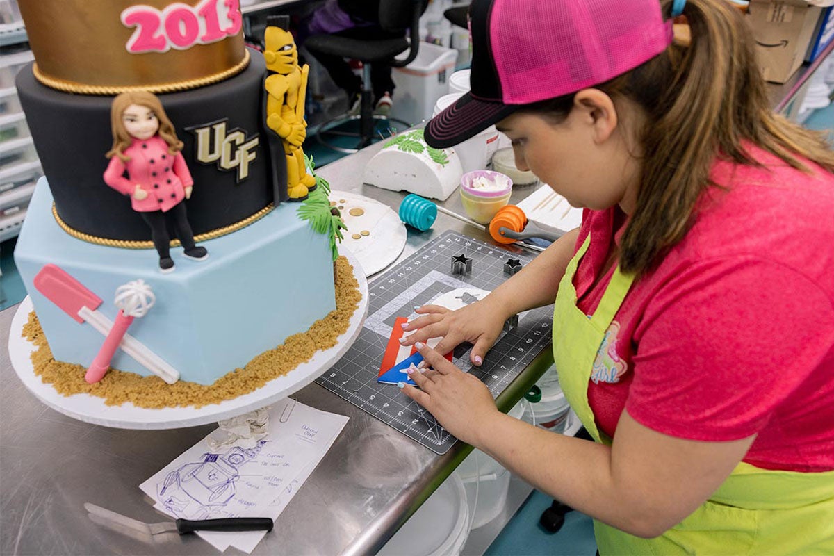 The Cake Girl creating a UCF themed cake.