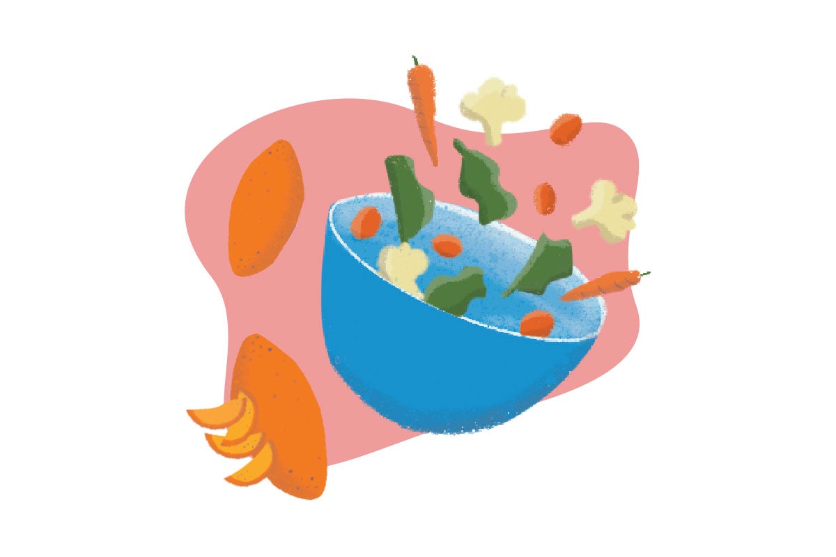 An illustration of a bowl with veggies and sweet potatoes.