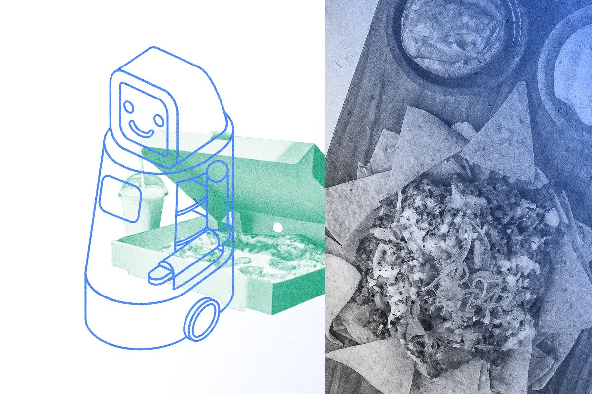 A collage of takeout food and a robot