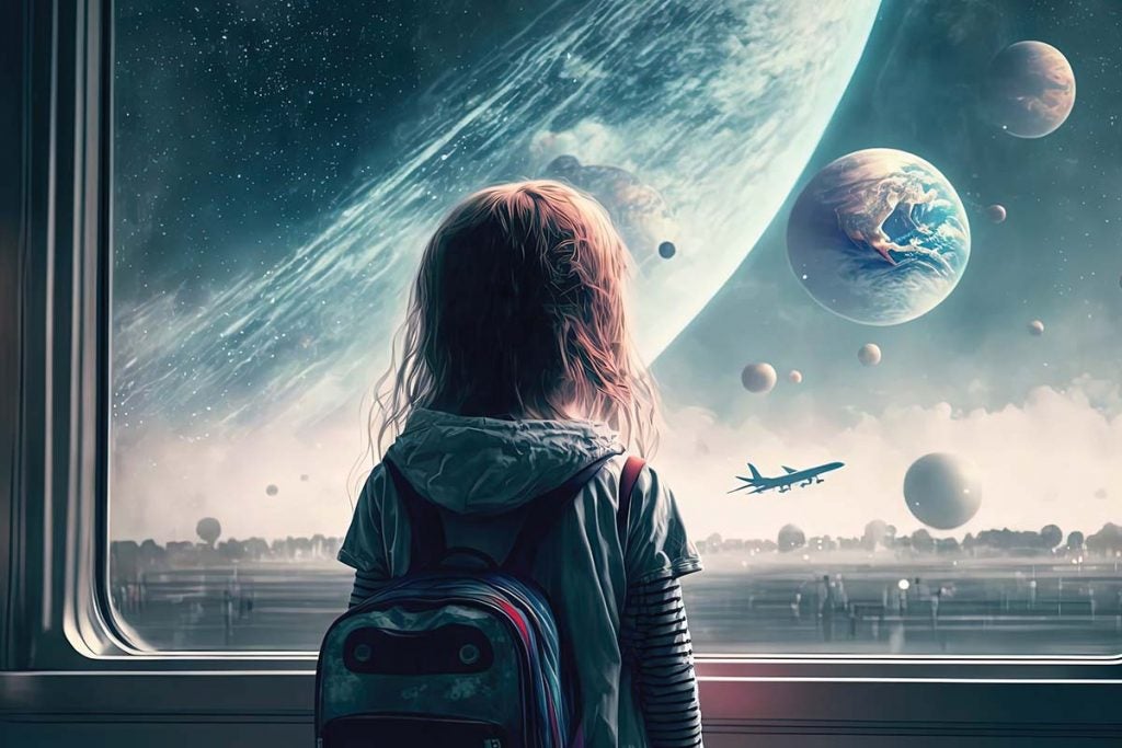A rendering of a child watching planets and a plane take off
