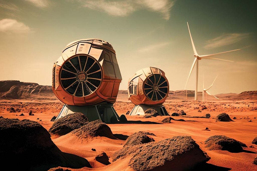 A rendering of pods and windmills on Mars