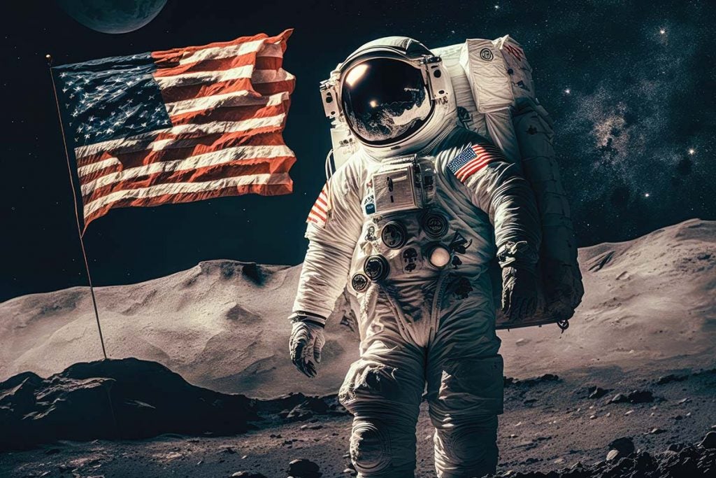 A rendering of an astronaut on a planet with the American flag