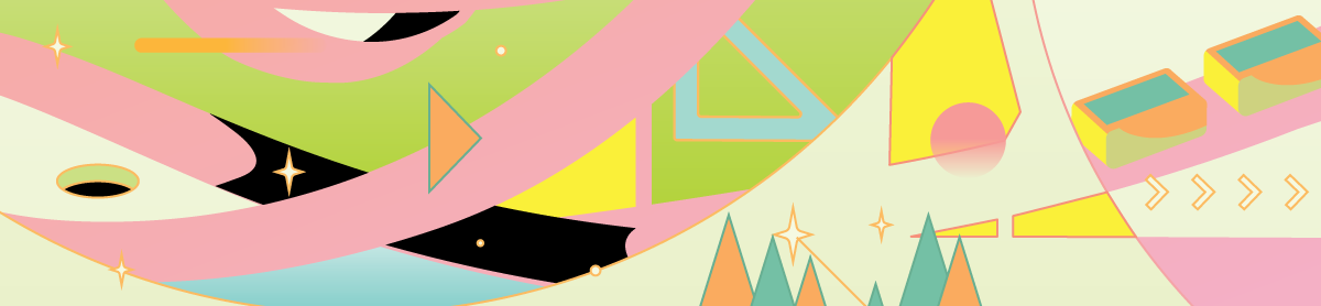 A colorful illustration of a triangles, swirls, stars and other shapes