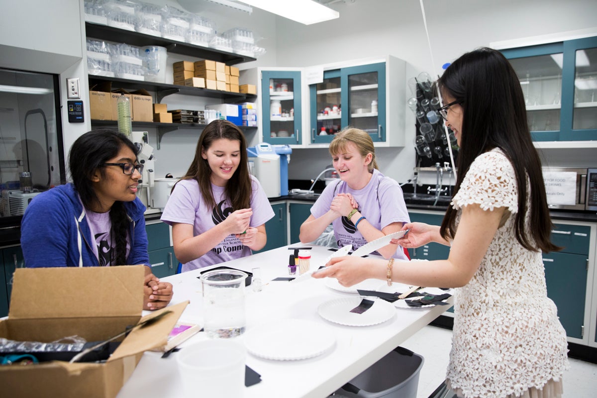 Members of the GEMS mentoring program work together in a lab.