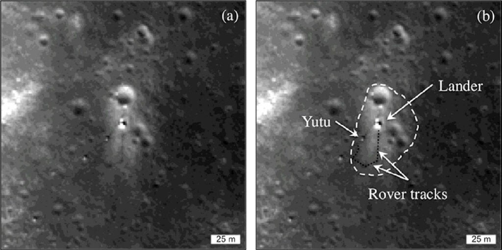 Gruithuisen domes with marked areas for yutu, lander and rover tracks.