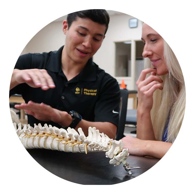 Male and female looking at skeleton 