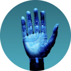Blue translucent robotic hand raised against a teal background.
