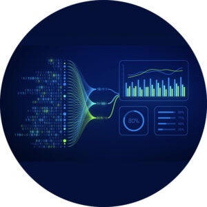 Abstract data visualization with binary inputs flowing into a digital analytics dashboard.