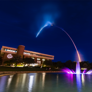 SpaceX Inspiration4 rocket launch over the UCF fountain and library