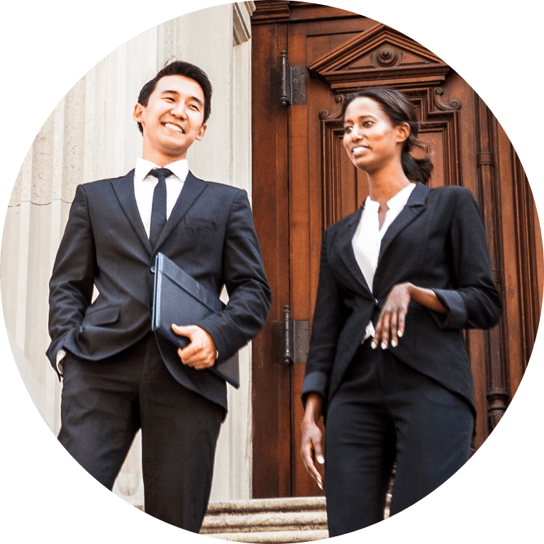 Man and woman walking out of courtroom