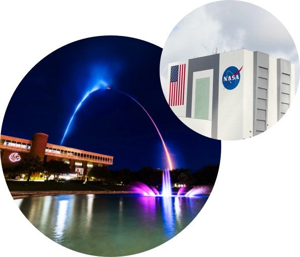 Collage of nighttime rocket launch from Millican Hall and NASA building