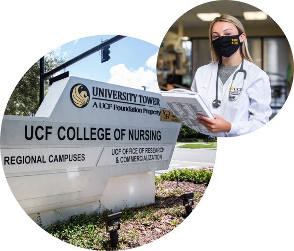 UCF College of Nursing exterior sign and student nurse