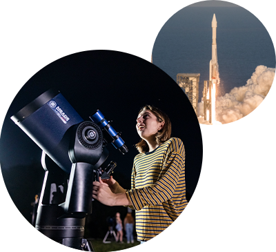 two circular images - ucf student at robinson observatory-rocket launch