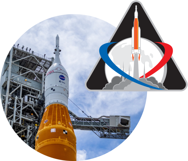 Artemis 1 rocket on the launch page with the mission patch.