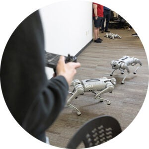 Person controlling robotic dogs during an indoor demonstration.