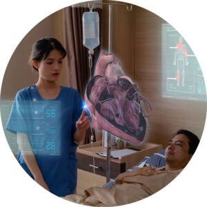 Nurse showing a digital heart model to a patient in a hospital room.