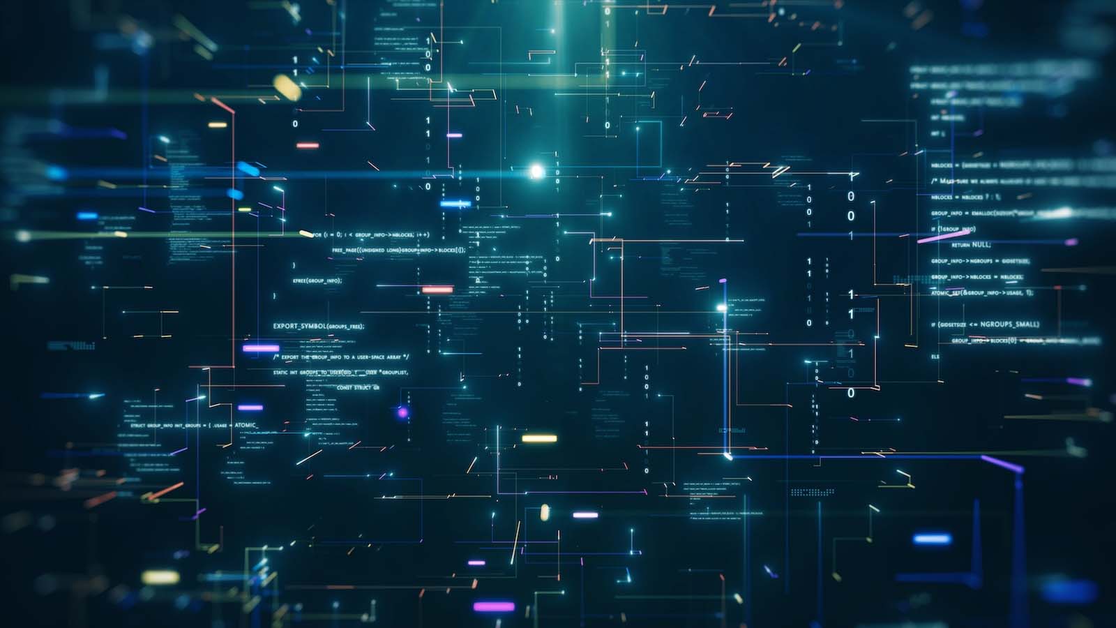 Futuristic digital data stream with glowing lines of abstract binary code on a dark green background, cyber security technology and data science.