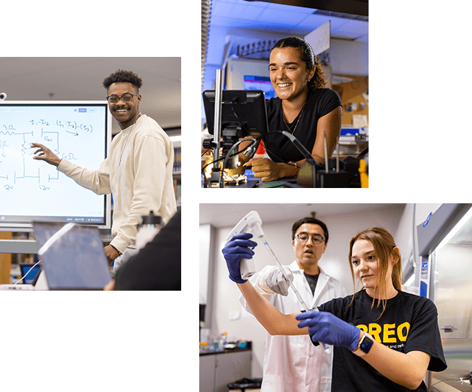 Three images show students engaged in STEM activities: one explains a diagram on a digital board, one smiles while working with lab equipment, and two, wearing gloves and a lab coat, handle a pipette in a laboratory.