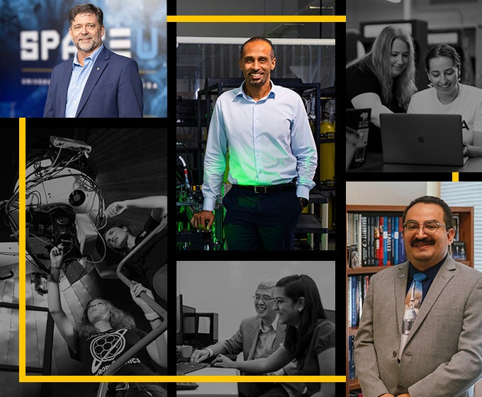 A collage features six images: professionally dressed men and women, people working with technology, two women at a laptop, and a man in front of bookshelves. Yellow lines border the photo sections.