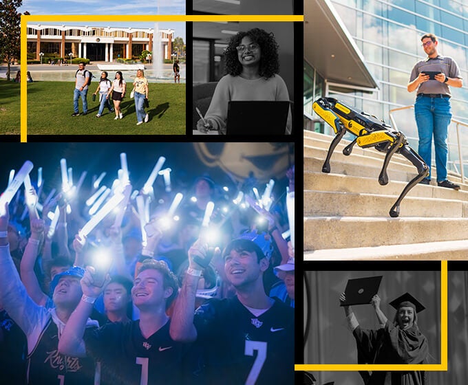 A collage featuring students walking on campus, a woman using a laptop, a robotic dog on steps, a crowd at an event with glow sticks, and a graduate holding up a cap in celebration.