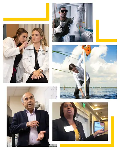 A collage of five images with accents of gold. Each image depicts UCF faculty engaged in different activities related to their field. One is allowing their  medical student to inspect the ear with a medical device, another is using PPE while handling gaseous substances, yet another wades in the water to take measurements and samples. The last two images show the engagement with a crowd, one with student in front of a whiteboard and the other speaking at a seminar.