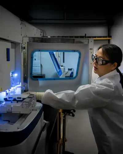 Researcher in a lab coat and safety glasses operates a large analytical instrument under blue light inside a UCF research lab.