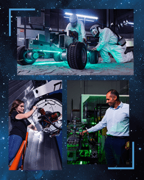 Three images: Two people in protective suits work on a rover in the Exolith Lab, a woman works on a telescope, and Kareem Ahmed in a lab with machinery; overlaying a space background