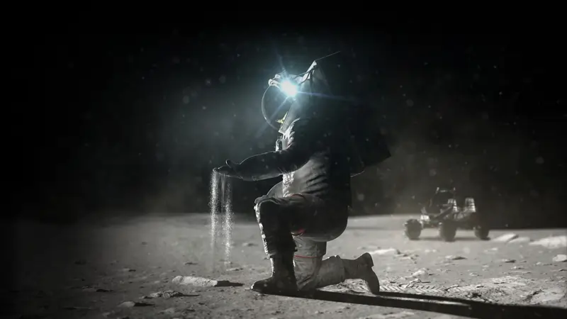 Astronaut kneeling down picking up lunar dust