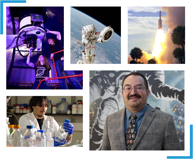 Blue-lined framed collage of photos depicting research in health and human performance in space: researchers in an observatory, an astronaut working in orbit, a rocket launch, Emmanuel Urquieta, Vice Chair of Aerospace Medicine, a researcher in a lab working with bottles.