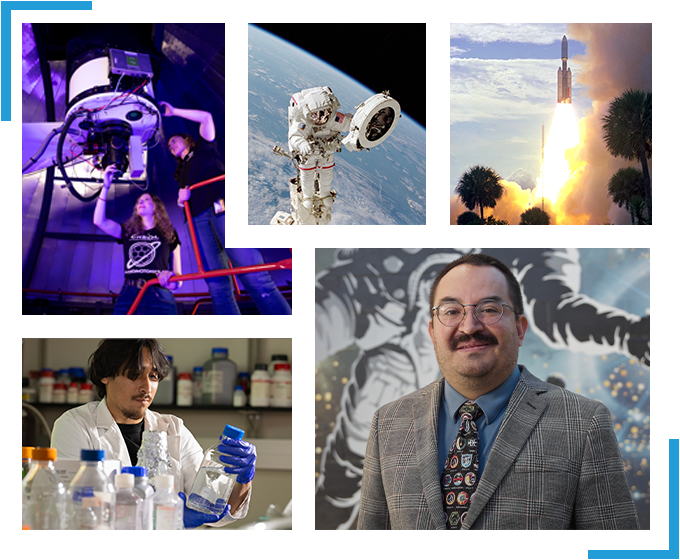 A collage of photos depicting research in health and human performance in space: researchers in an observatory, an astronaut working in orbit, a rocket launch, Emmanuel Urquieta, Vice Chair of Aerospace Medicine, a researcher in a lab working with bottles. Blue lines frame the collage.